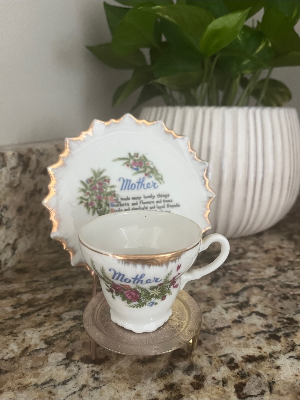 Vintage 'Mother' Floral Teacup & Saucer Set with Gold Trim